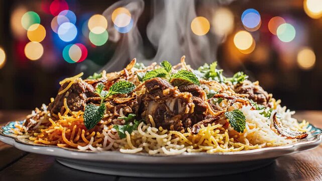Steaming chicken biryani with mint on wooden table with bokeh lights