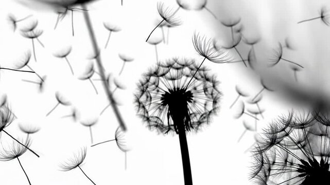 Monochromatic X-ray style image of several dandelion seed heads with individual seeds and pappus floating in the air against a bright white background, showing delicate botanical structures.