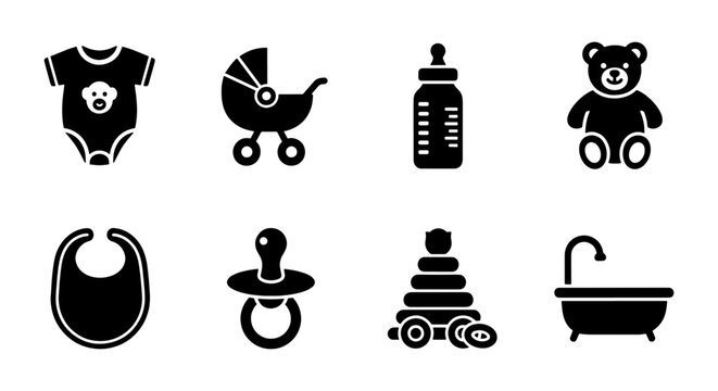Baby care icon set with 8 black vector elements, newborn nursery symbols including stroller and teddy bear, infant supplies and childhood toys