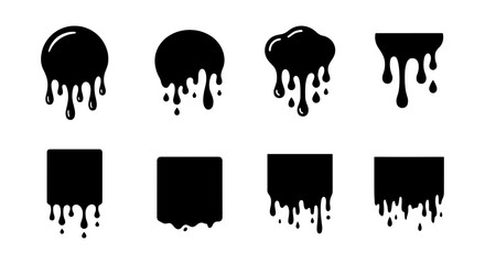 Black dripping liquid silhouettes, set of 8 melting paint and ink splash icons, flowing oil and slime droplets, vector graphic elements for street art © MdArman