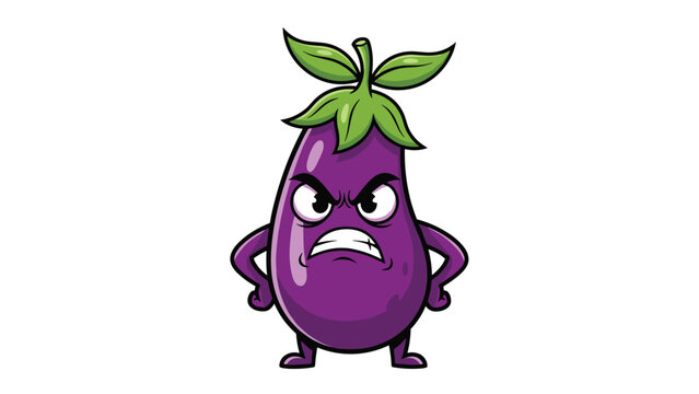 Grumpy cartoon eggplant character with an angry face and arms crossed standing defiantly isolated on a white background for humor.
