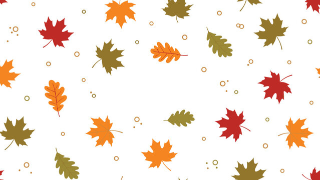 Colorful seamless autumn pattern with various fallen leaves like maple and oak in orange, red, and brown on a white background.