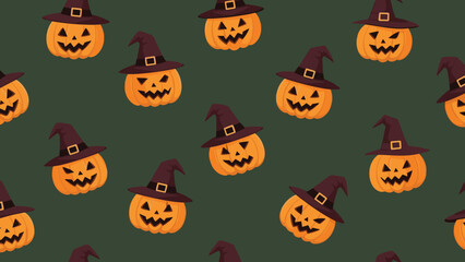 Fototapeta premium Halloween pattern of carved jack o lantern pumpkins wearing purple witch hats scattered on a dark green background for a spooky theme.