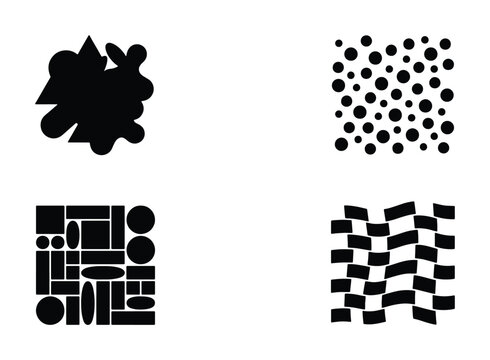 Abstract geometric shapes set, black minimalist vector icons, organic blob and polka dot patterns, modern graphic design elements for branding