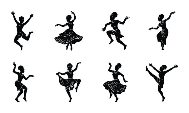 Traditional African dancers silhouette set, 8 ethnic tribal woman dancer vector icons, black female performers in folk costumes for cultural events