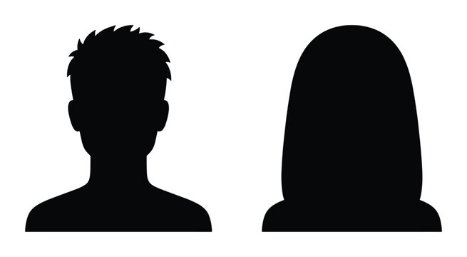 Minimalist profile avatar silhouettes, black male and female head icons, generic user account placeholder vector set for web and app interface