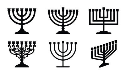 Hanukkah menorah silhouette icons set, traditional Jewish chanukiah candelabra collection, 6 black vector symbols for holiday greeting cards © Rukaiya