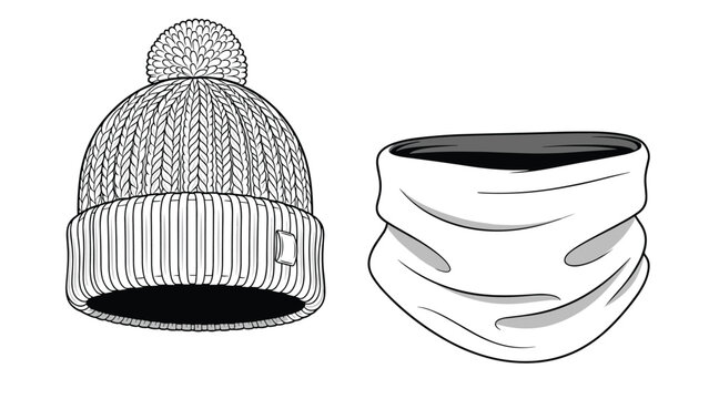 Black and white line art illustration of a cozy knitted winter hat with a pom-pom and a matching neck warmer or snood on white background.