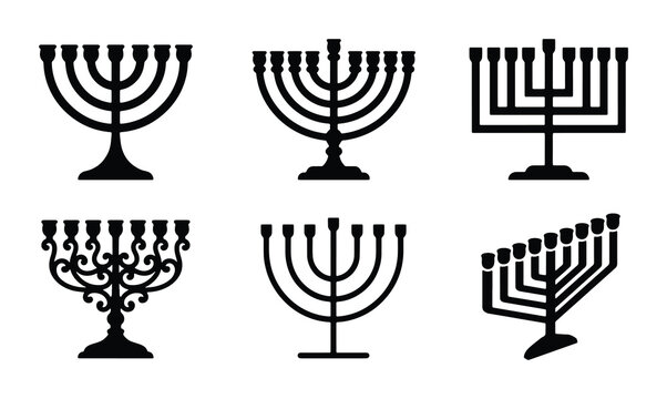 Hanukkah menorah silhouette icons set, traditional Jewish chanukiah candelabra collection, 6 black vector symbols for holiday greeting cards