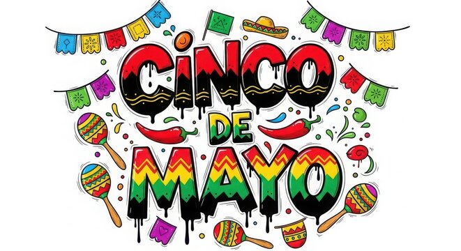 Vibrant Cinco de Mayo Celebration Graphic with Colorful Text and Decorations
