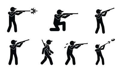 Hunting and shooting stick figure icons, black hunter silhouettes with rifles and shotguns, 7 sport shooting poses in vector format © Taslima