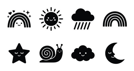 Kawaii weather icons set, cute black silhouette nature symbols with faces, 8 vector elements featuring sun rainbow cloud star snail and moon © MdArman