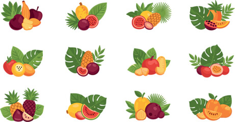 Tropical fruit compositions set with pineapple mango citrus berries and exotic leaves fresh healthy food flat vector illustration © MdSobuj