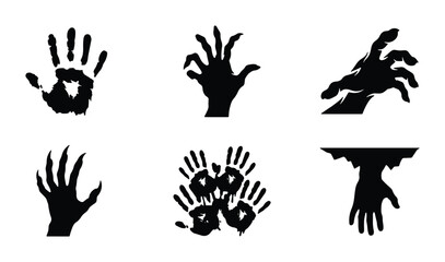 Obraz premium Creepy zombie hand silhouettes and bloody handprints, set of 6 horror monster hand vectors, black spooky undead hand icons for Halloween
