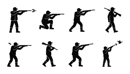 Hunting silhouettes set with 8 hunter icons, black vector figures of men with shotguns, outdoor sport shooting and bird hunting collection © Taslima
