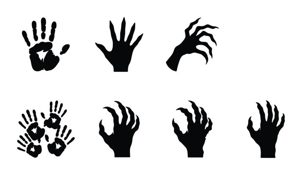 Spooky monster hand silhouettes, creepy zombie claw vector icons, set of 7 dark demon handprints and reaching claws for halloween design