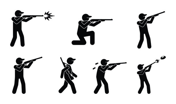 Hunting and shooting stick figure icons, black hunter silhouettes with rifles and shotguns, 7 sport shooting poses in vector format