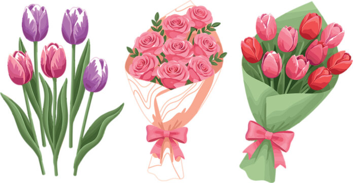 Tulip and rose bouquets collection with realistic floral arrangements spring flowers gift wrapping flat vector illustration set