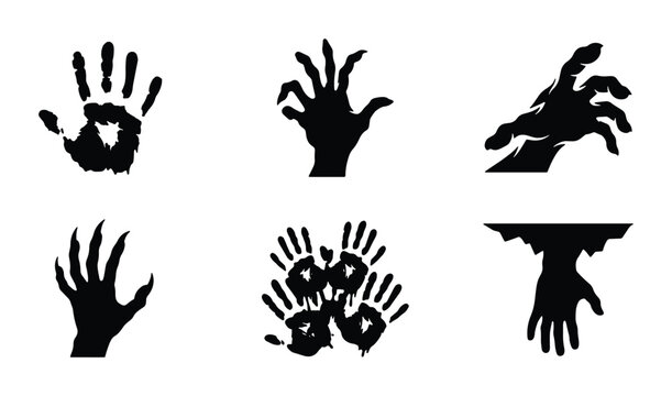 Creepy zombie hand silhouettes and bloody handprints, set of 6 horror monster hand vectors, black spooky undead hand icons for Halloween