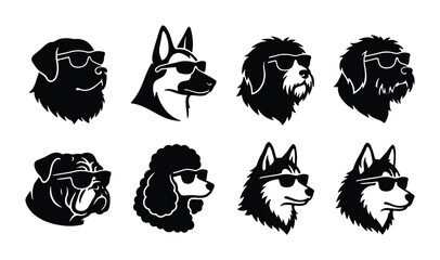 Minimalist dog head icons with sunglasses, set of 8 black and white canine breed silhouettes, cool pet character vector illustrations for branding © Taslima