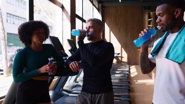Multiethnic group of friends resting and hydrating in the gym