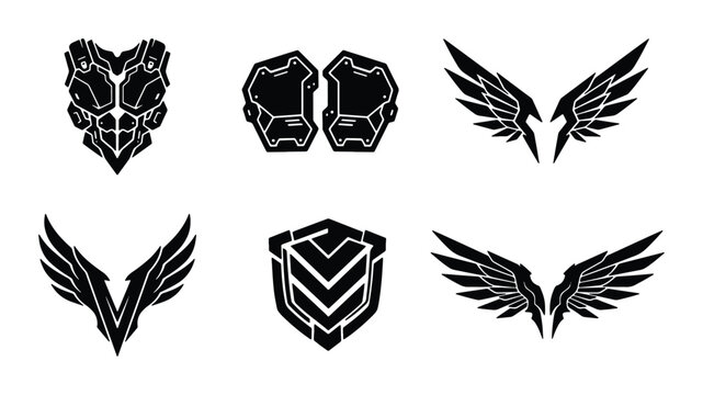 Futuristic cyberpunk armor and mechanical wings icons, set of 6 black techwear vector elements, sci-fi tactical gear and robotic wing silhouettes