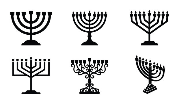 Hanukkah menorah icon set, black silhouette chanukiah collection with 6 vector elements, traditional Jewish holiday candelabra symbols for religious celebration