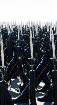 Rows of polished boots and rifles with sharp bayonets reflecting sunlight during a synchronized ceremonial march on flat ground, tactical, gear, polished