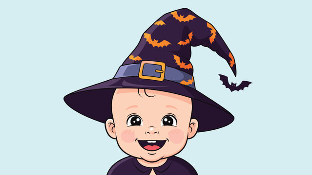 Happy baby wearing a large purple witch hat decorated with bats smiles brightly as a small bat flies near the pointed tip.