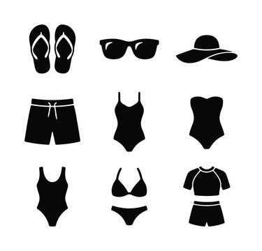 Summer swimwear icons set, black beach apparel silhouettes, 9 vector clothing elements including swimsuits and accessories for vacation travel