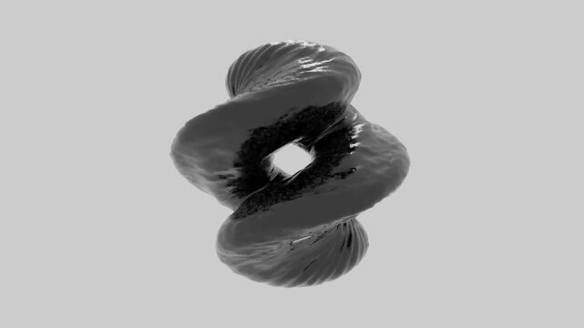 Black, metallic torus shapes, 3D animation, dark gray background