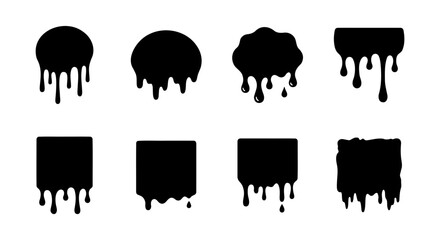 Dripping black paint silhouettes, set of 8 liquid melting shapes, ink splash and slime borders, dark fluid drops for urban street art design © Rubel