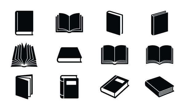 Minimalist book icon set, 12 black vector silhouettes of open and closed books, library and education symbols for web design and publishing