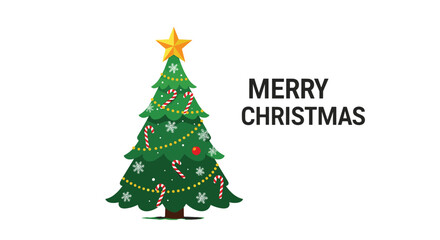 Fototapeta premium Beautifully decorated Christmas tree stands with a gold star, candy canes, and snowflakes under a merry christmas greeting.