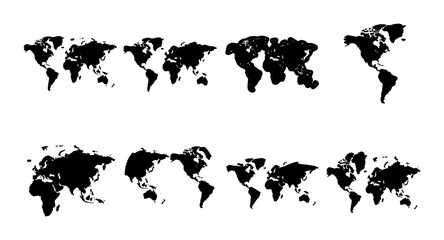 World map silhouette collection, 8 black earth icons in vector format, global geography shapes for travel and logistics infographics © Rukaiya