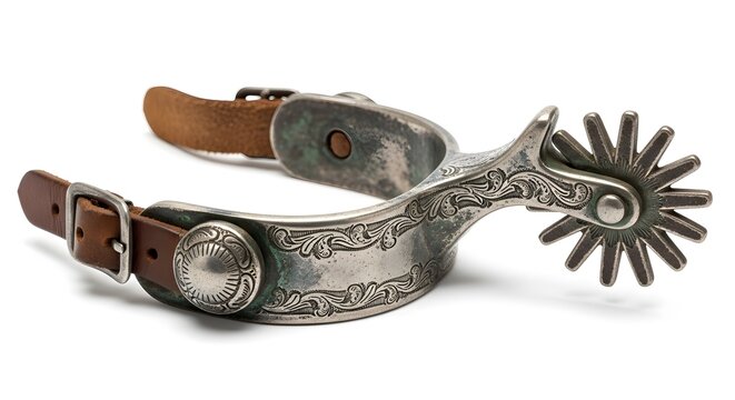 Vintage western spur with decorative engravings on white background