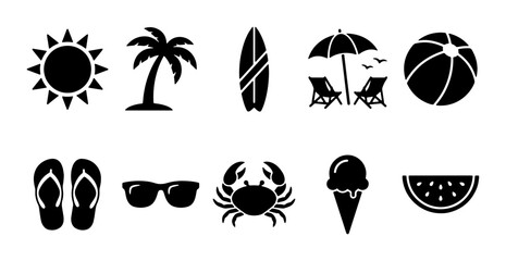 Summer beach icon set with 10 black silhouettes, tropical vacation symbols including palm tree and sun, seasonal holiday vector elements for travel design © Rukaiya