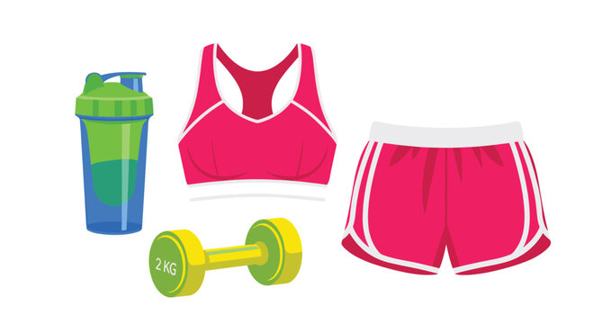 Comprehensive fitness apparel set includes a pink sports bra, matching shorts, a shaker bottle, and a lime green dumbbell for workout.