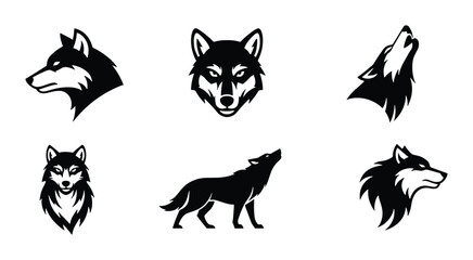 Wolf head mascot logo collection, 6 black and white wolf silhouettes and howling predator icons, minimalist wild animal vector set for branding © Shahnaz