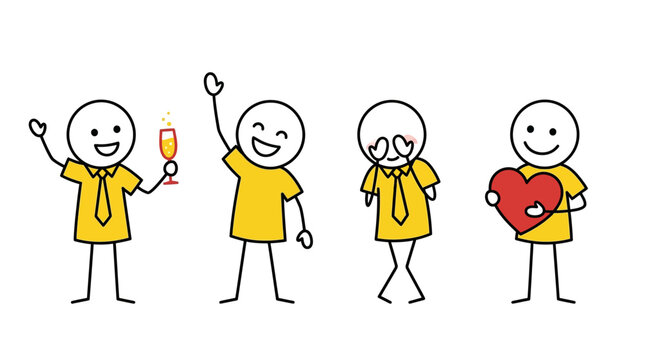 Cute stick figures celebrating and expressing emotions with joy and love