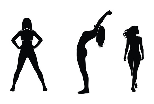 Athletic woman silhouette vector set, female fitness model posing in black and white, active girl stretching and walking figures for gym branding