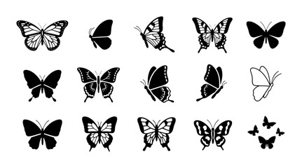 Black butterfly silhouette icons set, 15 decorative butterfly vector elements, minimalist insect wing shapes for logo design and spring decor © Farida