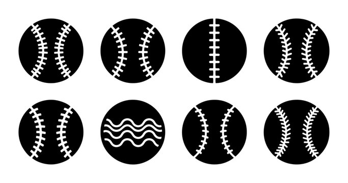 Baseball ball icon set, black silhouette sports equipment collection, 8 vector ball symbols with different stitching patterns for team logos