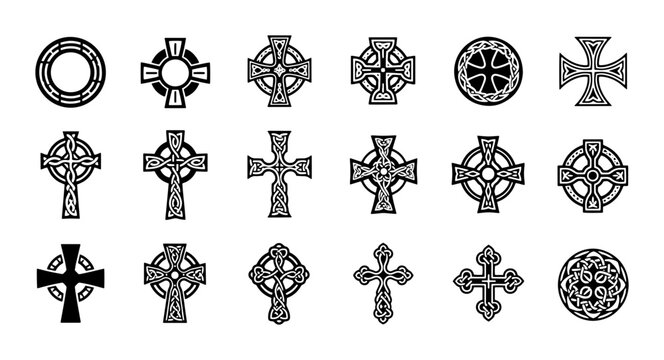 Celtic cross vector icons set, traditional Irish knotwork symbols, 18 black and white religious crucifix elements, medieval spiritual graphic ornaments