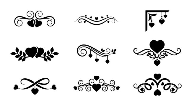 Vintage heart flourishes and decorative dividers, 9 black romantic swirl ornaments, elegant wedding calligraphy borders and filigree vector set