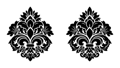 Vintage fleur de lis damask vector elements, black floral heraldic ornament set, classic royal lily silhouette icons for luxury branding and wedding invitations © Farida