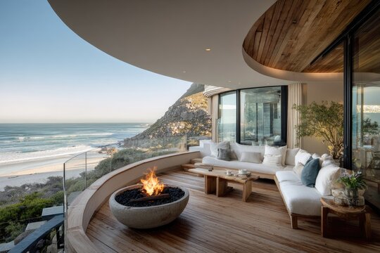 Luxury Modern Balcony with Ocean View and Fire Pit.