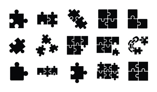 Minimalist puzzle icon set, black jigsaw piece vector collection, 15 business logic and problem solving symbols for infographics and web design