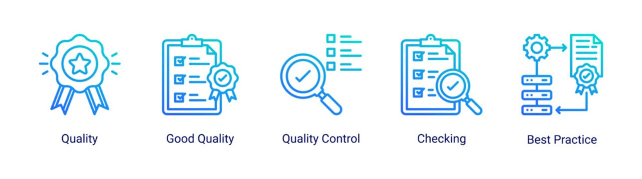 Kaizen quality icon set featuring quality control,inspection,and best practice concepts.Icon set focused on quality assurance,checking,and standardization processes for business and industrial use.
