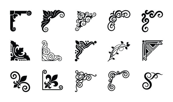 Vintage ornamental corner borders set, 15 black filigree vector elements, elegant floral frame accents for wedding invitations and certificates